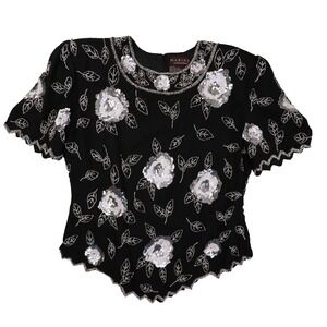 Marina By Marina Bresler Vintage Sequined & Beaded Scalloped Edge Blouse Medium